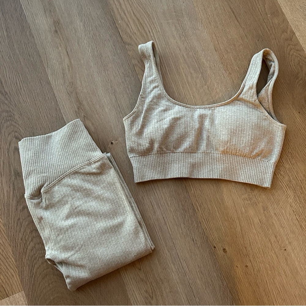Tan Women 2 Piece Outfits Leggings+Sports Bra Yoga Set Compression Skinny